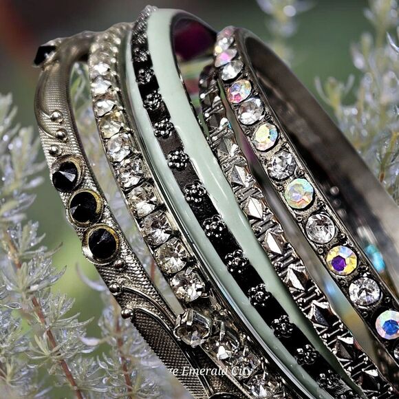 Celestial Collection Bangles Set Of 5 Mixed Enamel Rhinestone Sparkle Bracelets - Picture 2 of 14